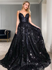 A-Line/Princess V-neck Floor-Length Sequins Corset Prom Dresses outfit, Party Dress Lady