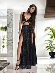 A-Line/Princess V-neck Floor-Length Sequins Corset Prom Dresses With Leg Slit outfit, Bridesmaid Dresses Different Style