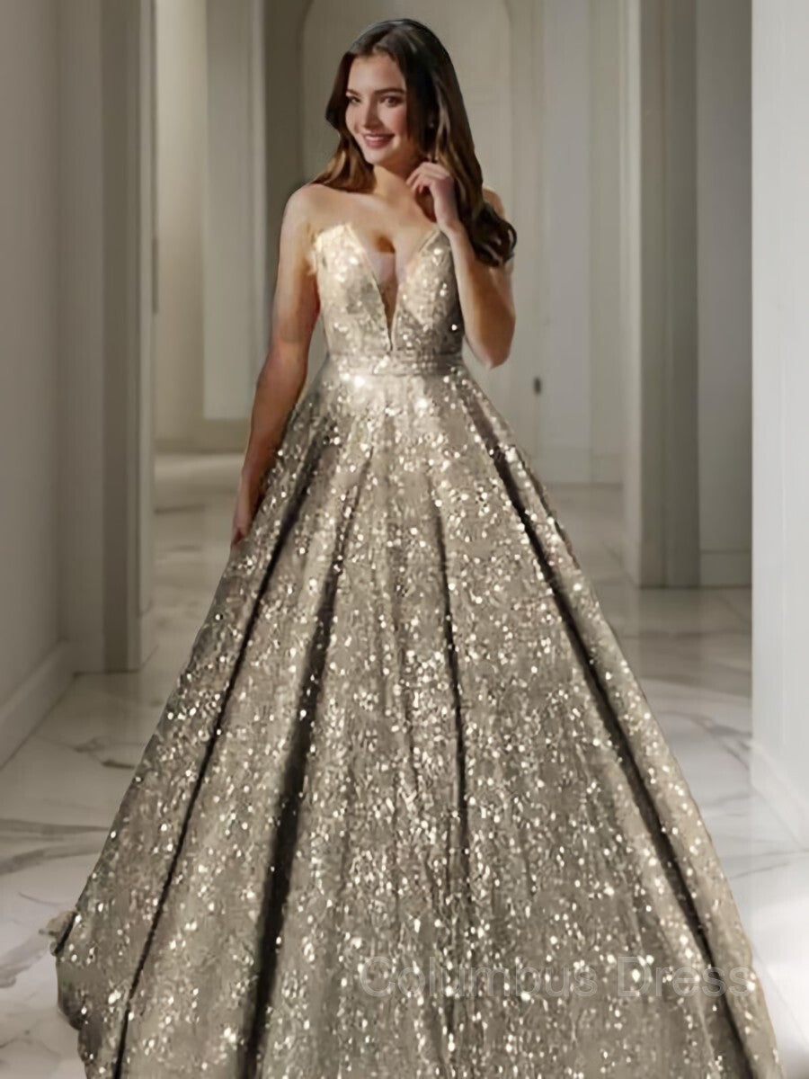 A-Line/Princess V-neck Floor-Length Sequins Corset Prom Dresses With Ruffles Gowns, Bridesmaid Dress Colors Scheme