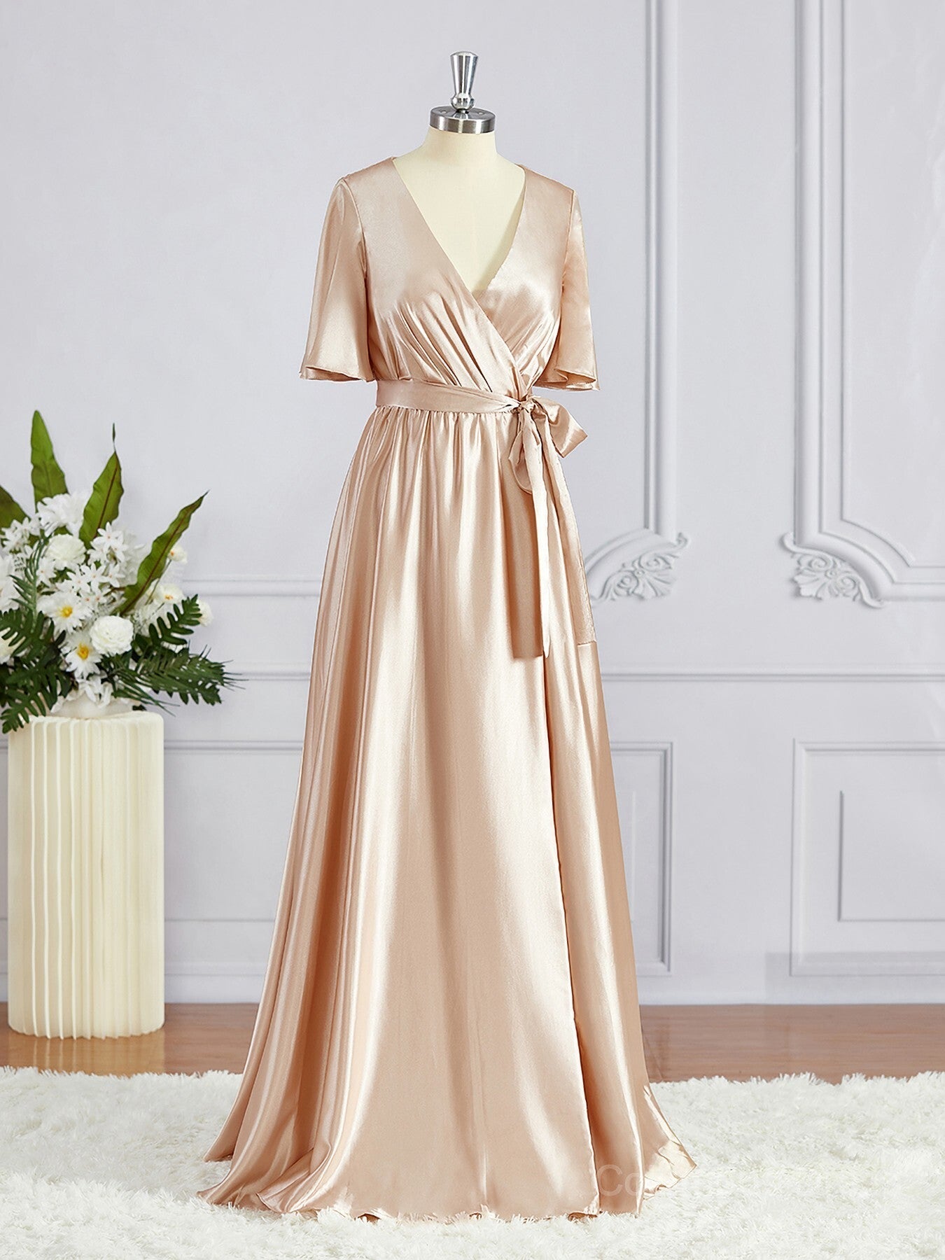 A-Line/Princess V-neck Floor-Length Silk like Satin Corset Bridesmaid Dresses with Belt/Sash outfits, Prom Dressed Short