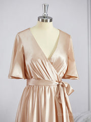 A-Line/Princess V-neck Floor-Length Silk like Satin Corset Bridesmaid Dresses with Belt/Sash outfits, Prom Dresses Shorts
