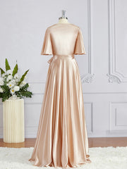A-Line/Princess V-neck Floor-Length Silk like Satin Corset Bridesmaid Dresses with Belt/Sash outfits, Prom Dresses Chiffon