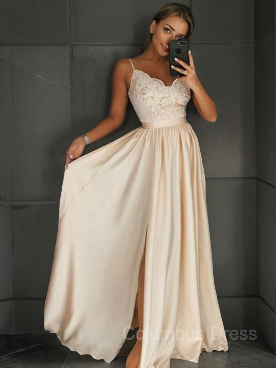 A-Line/Princess V-neck Floor-Length Silk like Satin Corset Prom Dresses With Leg Slit outfit, Party Dress Ball