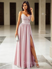 A-Line/Princess V-neck Floor-Length Silk like Satin Corset Prom Dresses With Leg Slit outfit, Party Dresses And Tops