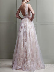 A-Line/Princess V-neck Floor-Length Tulle Evening Dresses With Appliques Lace outfit, Bridesmaid Dressed Blush