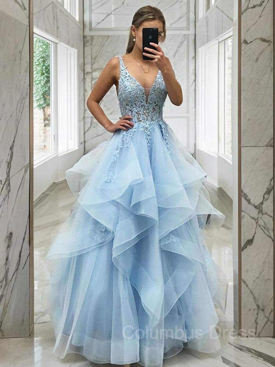 A-Line/Princess V-neck Floor-Length Tulle Corset Prom Dresses outfit, Quinceanera Dress