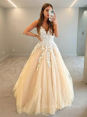 A-Line/Princess V-neck Floor-Length Tulle Corset Prom Dresses With Appliques Lace outfit, Formal Dress For Graduation