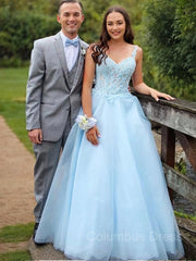 A-Line/Princess V-neck Floor-Length Tulle Corset Prom Dresses With Appliques Lace outfit, Prom Dresses Two Pieces