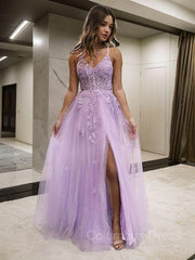 A-Line/Princess V-neck Floor-Length Tulle Corset Prom Dresses With Leg Slit outfit, Prom Dresses 2019