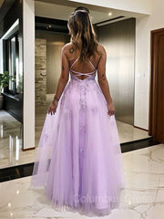 A-Line/Princess V-neck Floor-Length Tulle Corset Prom Dresses With Leg Slit outfit, Prom Dresses A Line
