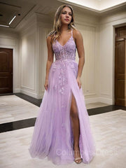 A-Line/Princess V-neck Floor-Length Tulle Corset Prom Dresses With Leg Slit outfit, Prom Dresses 2042