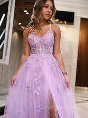 A-Line/Princess V-neck Floor-Length Tulle Corset Prom Dresses With Leg Slit outfit, Prom Dresses Outfits