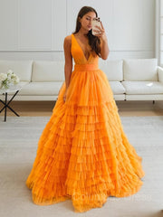 A-Line/Princess V-neck Floor-Length Tulle Corset Prom Dresses With Ruffles Gowns, Formal Dress Winter