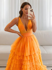 A-Line/Princess V-neck Floor-Length Tulle Corset Prom Dresses With Ruffles Gowns, Formal Dresses For Winter
