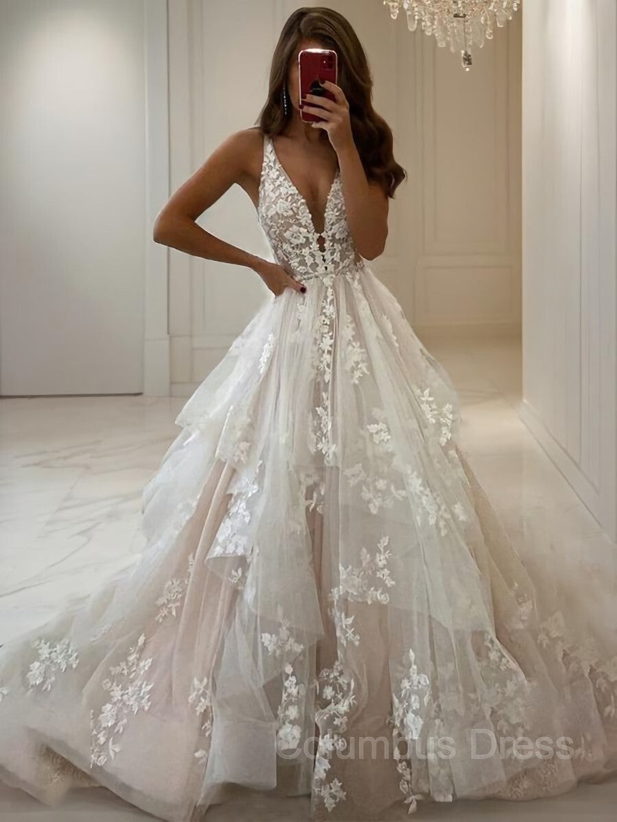 A-Line/Princess V-neck Floor-Length Tulle Corset Wedding Dresses With Appliques Lace outfit, Wedding Dressed Beach