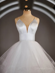A-Line/Princess V-neck Floor-Length Tulle Corset Wedding Dresses with Ruffles Gowns, Wedding Dress Deals