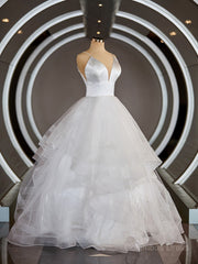 A-Line/Princess V-neck Floor-Length Tulle Corset Wedding Dresses with Ruffles Gowns, Wedding Dresses Bridesmaid