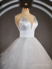A-Line/Princess V-neck Floor-Length Tulle Corset Wedding Dresses with Ruffles Gowns, Wedding Dress With Straps