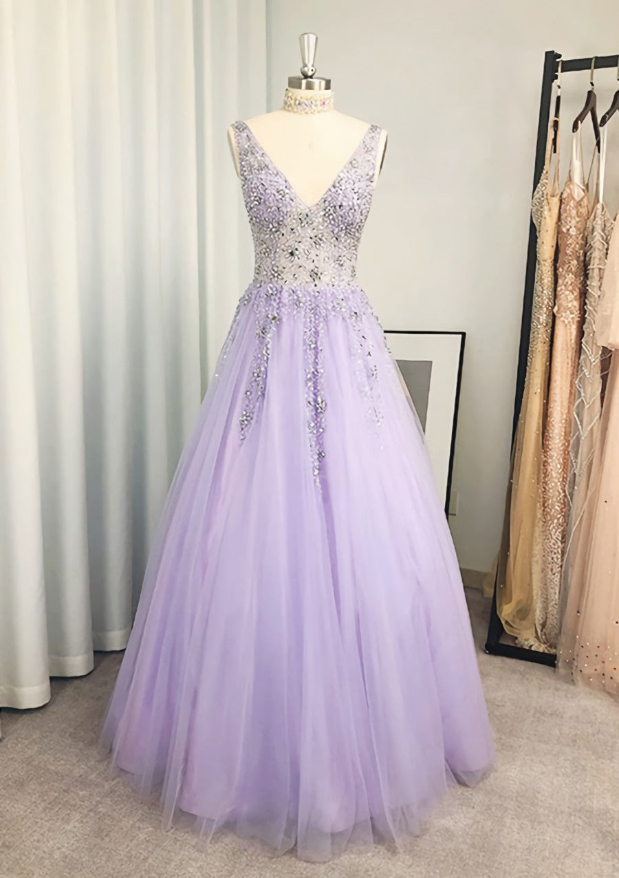 A-line/Princess V Neck Long/Floor-Length Tulle Corset Prom Dress With Beading Sequins Gowns, Party Dresse Idea