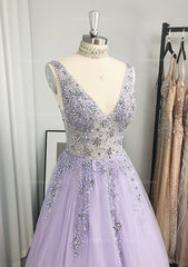 A-line/Princess V Neck Long/Floor-Length Tulle Corset Prom Dress With Beading Sequins Gowns, Party Dresses Ideas