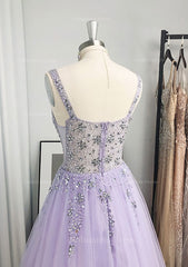 A-line/Princess V Neck Long/Floor-Length Tulle Corset Prom Dress With Beading Sequins Gowns, Party Dress A Line