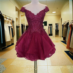 A-Line/Princess V-neck Short/Mini Organza Corset Homecoming Dresses With Beading outfit, Prom Dresses Sleeves
