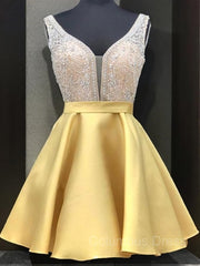 A-Line/Princess V-neck Short/Mini Satin Corset Homecoming Dresses With Beading outfit, Bridesmaid Dresses Shop