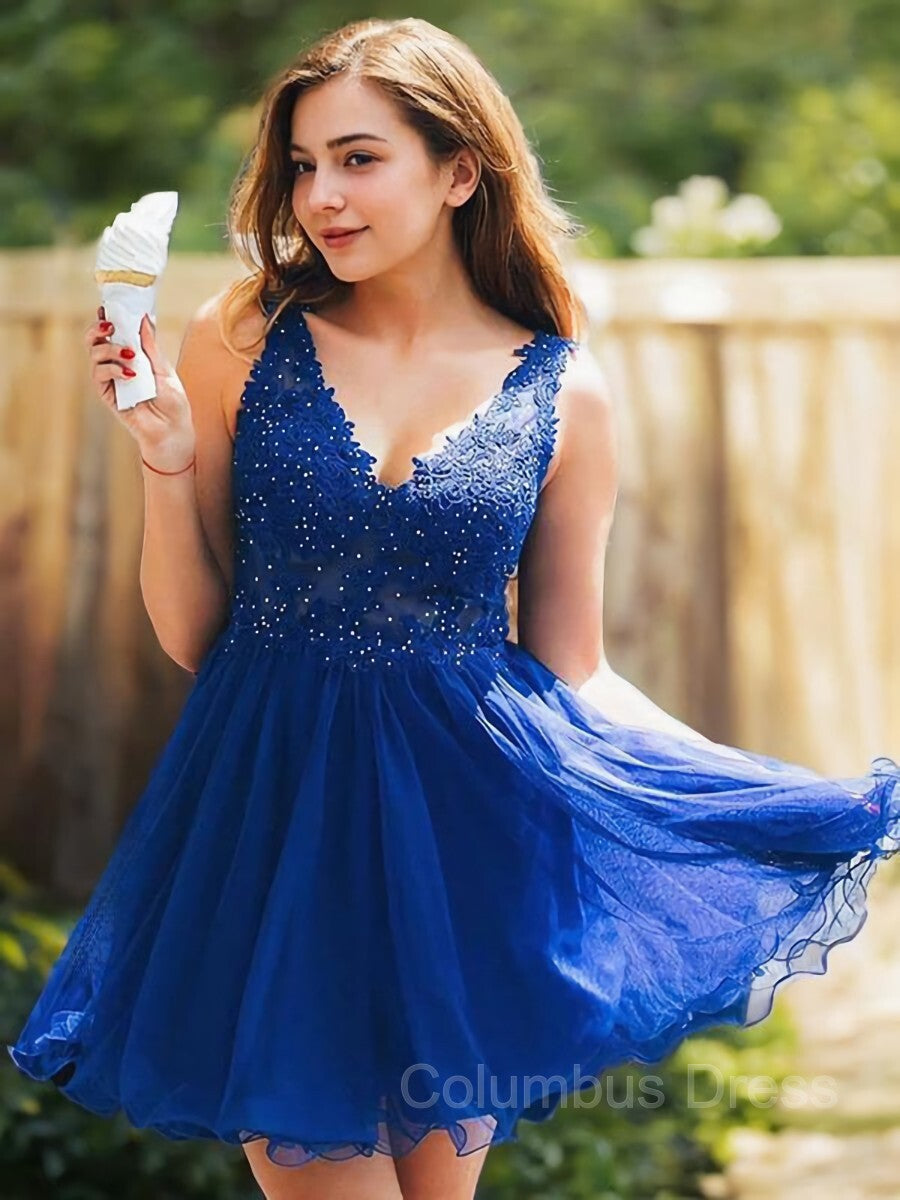 A-Line/Princess V-neck Short/Mini Tulle Corset Homecoming Dresses outfit, Party Dress Online Shopping