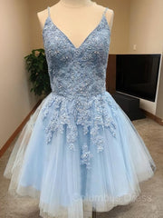A-Line/Princess V-neck Short/Mini Tulle Corset Homecoming Dresses With Appliques Lace outfit, Party Dresses Vintage