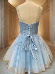 A-Line/Princess V-neck Short/Mini Tulle Corset Homecoming Dresses With Appliques Lace outfit, Party Dress Vintage