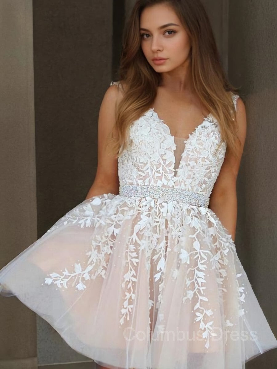 A-Line/Princess V-neck Short/Mini Tulle Corset Homecoming Dresses With Appliques Lace outfit, Prom Dress Long With Slit