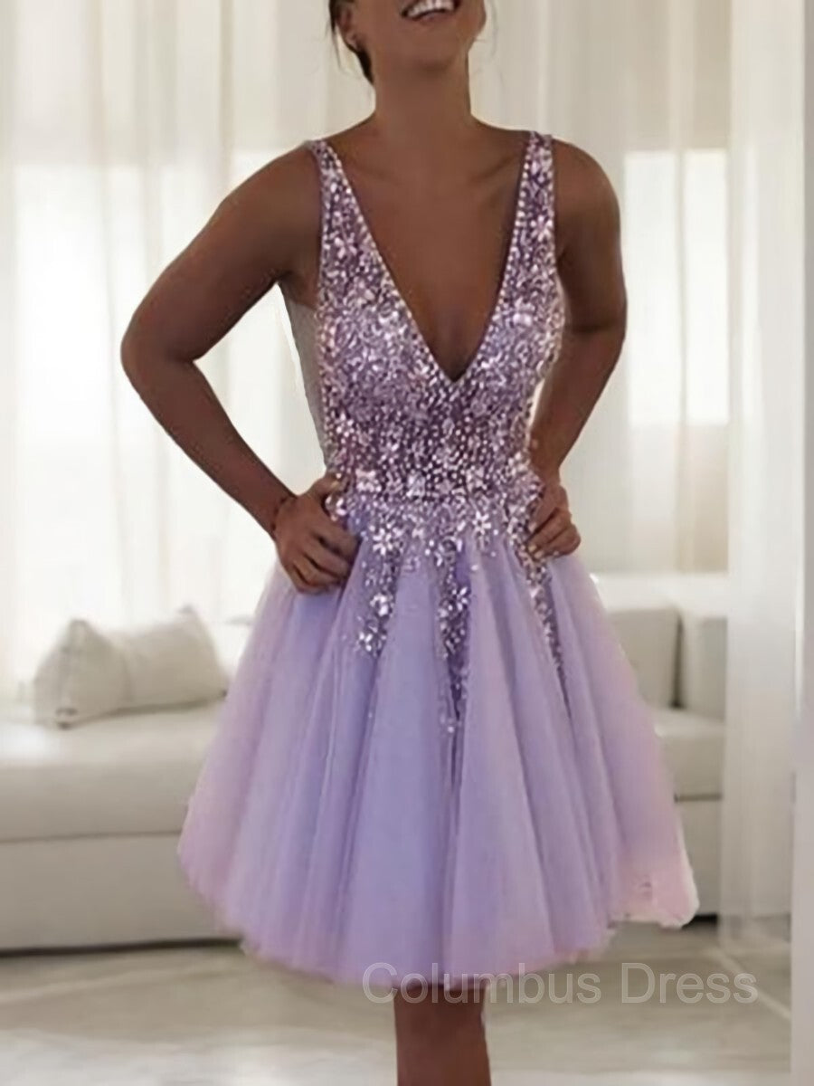 A-Line/Princess V-neck Short/Mini Tulle Corset Homecoming Dresses With Beading outfit, Prom Dress With Tulle