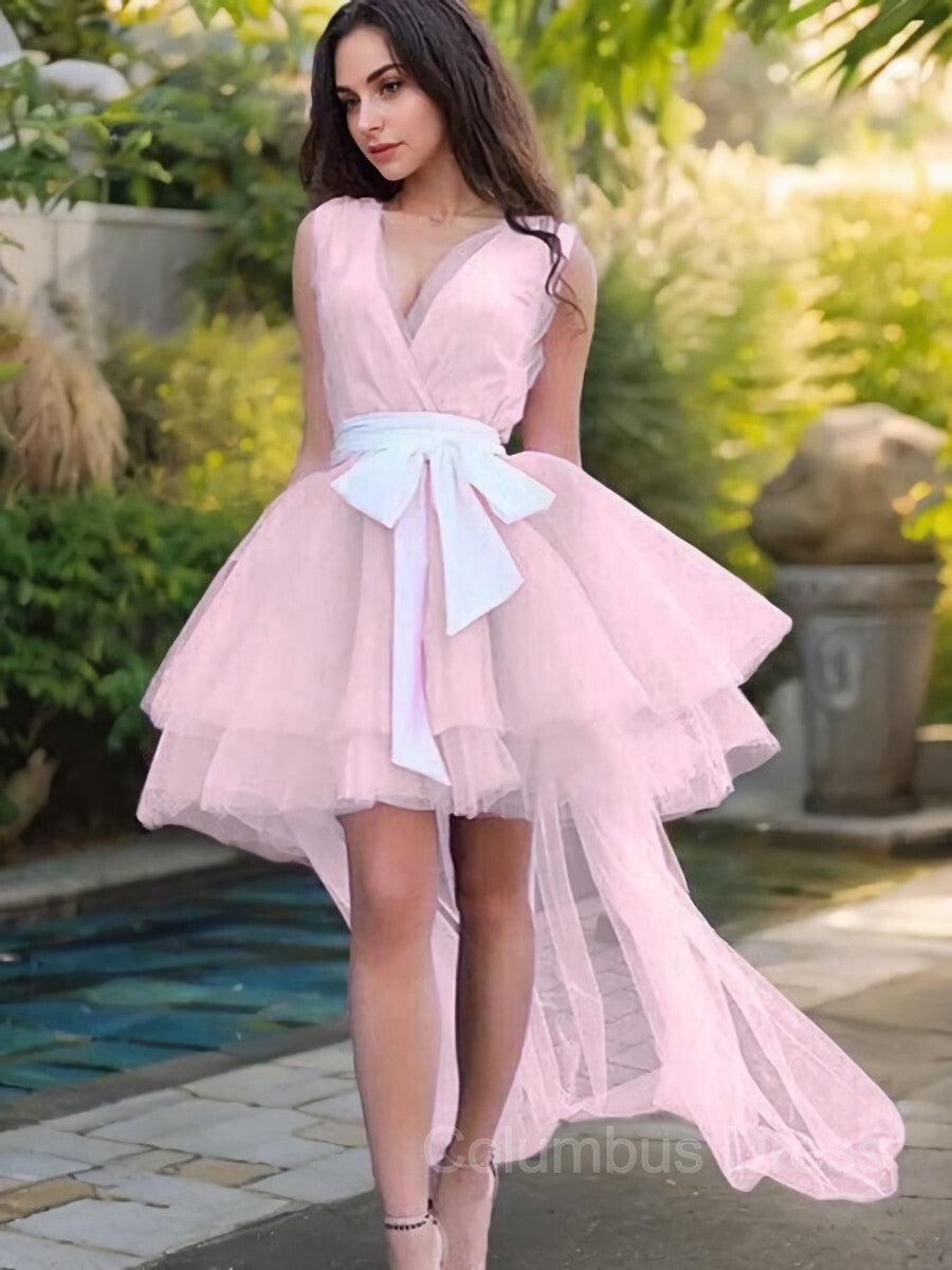 A-Line/Princess V-neck Short/Mini Tulle Corset Homecoming Dresses With Belt/Sash outfits, Prom Dresses Champagne