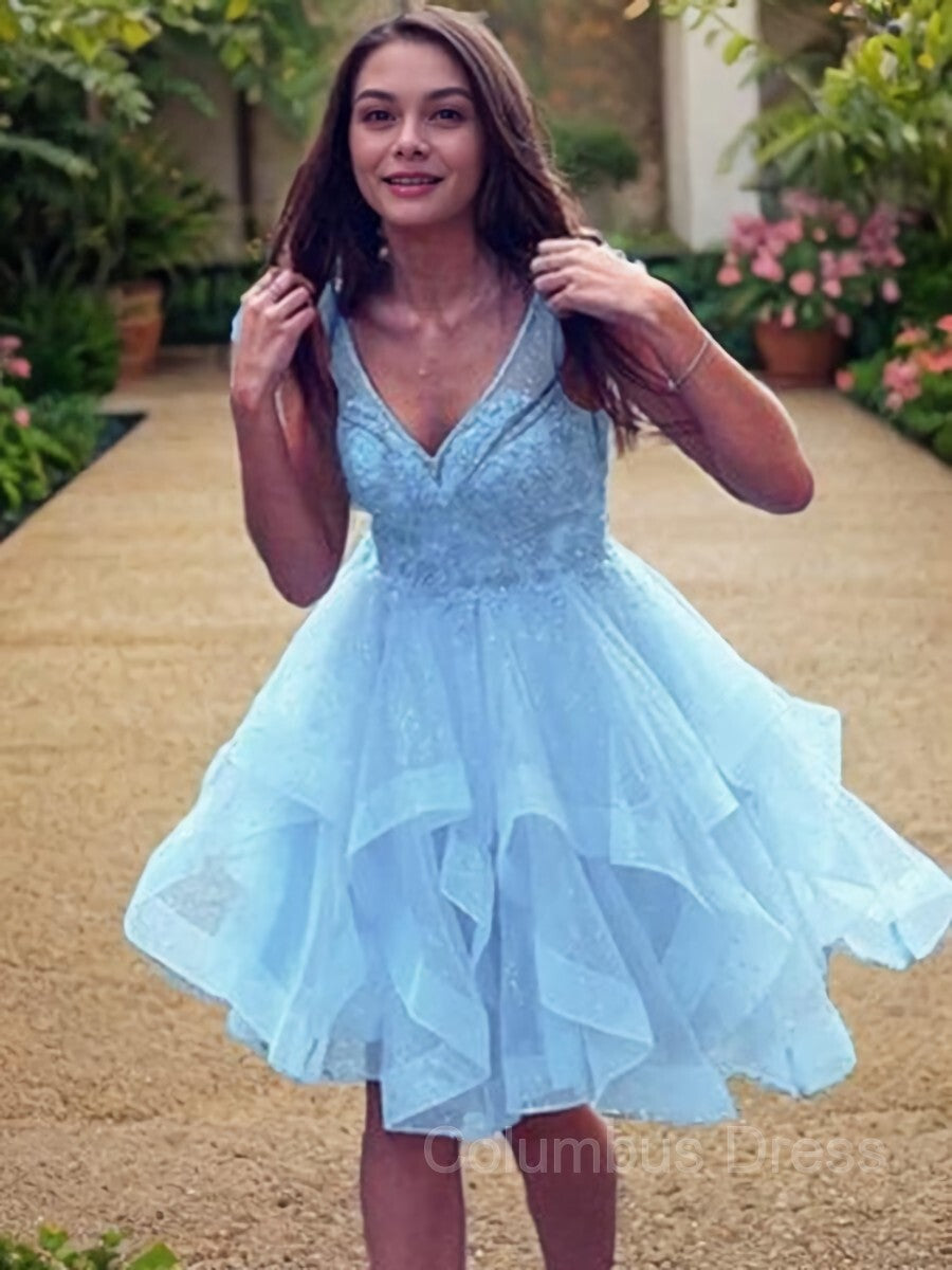 A-Line/Princess V-neck Short/Mini Tulle Corset Homecoming Dresses With Cascading Ruffles Gowns, Bridesmaid Dress Idea