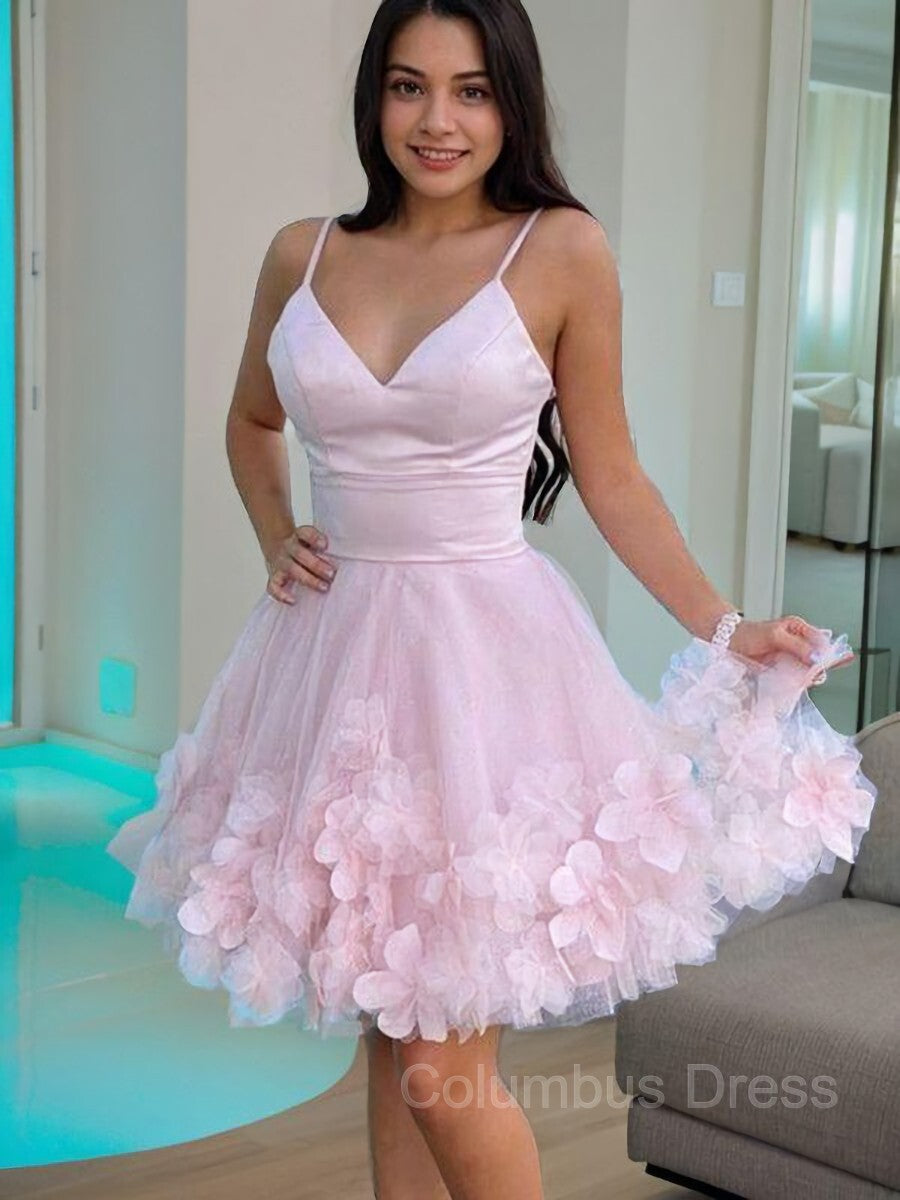 A-Line/Princess V-neck Short/Mini Tulle Corset Homecoming Dresses With Flower outfit, Prom Dresses 2047 Long