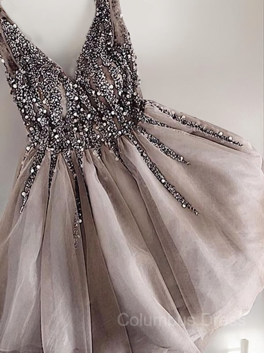 A-Line/Princess V-neck Short/Mini Tulle Corset Homecoming Dresses With Sequin Gowns, Prom Dress Mermaid