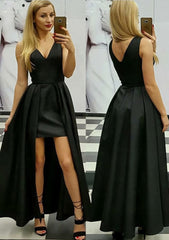 A-line/Princess V Neck Sleeveless Asymmetrical Satin Corset Prom Dress With Pleated Gowns, Party Dress Party Dress