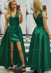 A-line/Princess V Neck Sleeveless Asymmetrical Satin Corset Prom Dress With Pleated Gowns, Party Dresses Weddings
