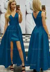 A-line/Princess V Neck Sleeveless Asymmetrical Satin Corset Prom Dress With Pleated Gowns, Party Dresses Wedding