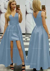A-line/Princess V Neck Sleeveless Asymmetrical Satin Corset Prom Dress With Pleated Gowns, Party Dress Renswoude