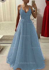A-line/Princess V Neck Sleeveless Long/Floor-Length Corset Prom Dress With Appliqued Beading outfit, Bridesmaid Dress Beach