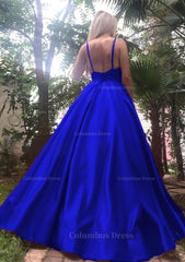A-line/Princess V Neck Sleeveless Long/Floor-Length Satin Corset Prom Dress outfits, Dress To Impression