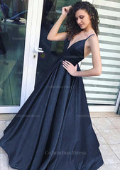 A-line/Princess V Neck Sleeveless Long/Floor-Length Satin Corset Prom Dress outfits, Wedding Dress Guest