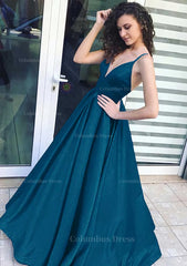 A-line/Princess V Neck Sleeveless Long/Floor-Length Satin Corset Prom Dress outfits, Short Dress Style