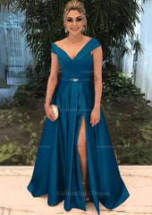A-line/Princess V Neck Sleeveless Long/Floor-Length Satin Corset Prom Dress With Split Beading outfit, Bridesmaids Dress Burgundy