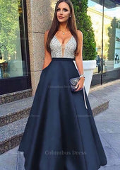 A-line/Princess V Neck Sleeveless Long/Floor-Length Satin Corset Prom Dresses With Sequins Gowns, Prom Dress Long Mermaid