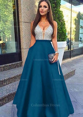 A-line/Princess V Neck Sleeveless Long/Floor-Length Satin Corset Prom Dresses With Sequins Gowns, Prom Dresses Long Mermaide