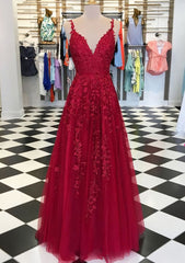 A-line/Princess V Neck Sleeveless Long/Floor-Length Tulle Corset Prom Dress With Appliqued Gowns, Homecoming Dresses Fitted