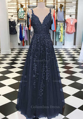 A-line/Princess V Neck Sleeveless Long/Floor-Length Tulle Corset Prom Dress With Appliqued Gowns, Homecoming Dress Tights
