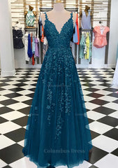 A-line/Princess V Neck Sleeveless Long/Floor-Length Tulle Corset Prom Dress With Appliqued Gowns, Homecoming Dress Tight